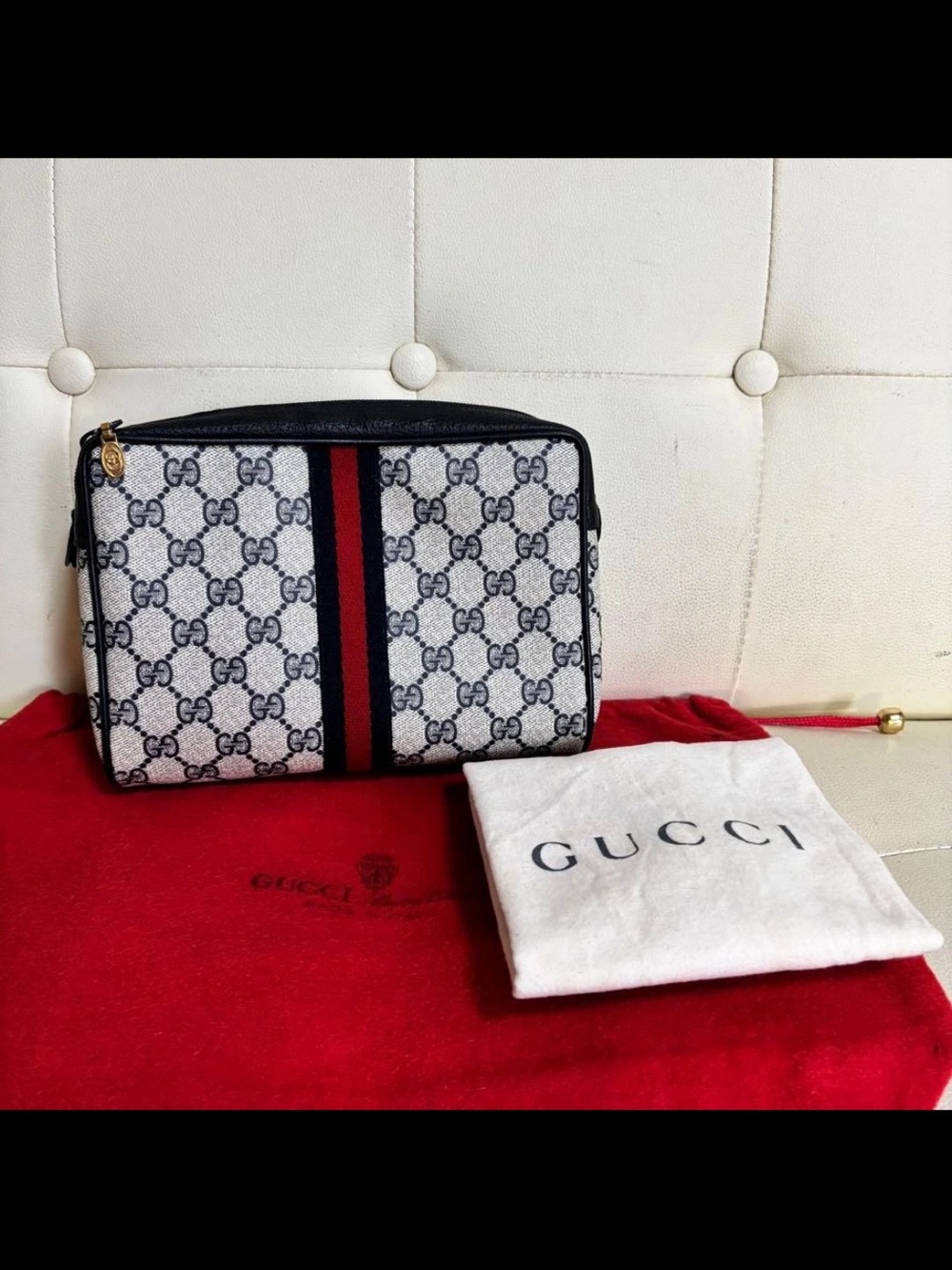 Gucci Beige/Black Toiletry Pouch with Red Center Stripe